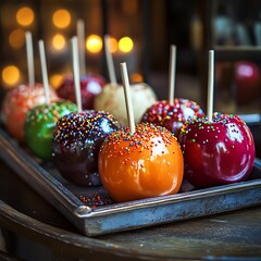 A tray showcases an assortment of colorful candy apples coated in glossy caramel and adorned with vibrant sprinkles, perfect for Halloween festivities