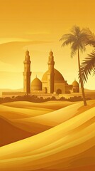 Wall Mural - Desert Landscape with Mosque and Palm Trees in Sunset Glow