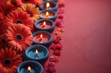 Diwali background with illuminated clay lamps (diyas) and marigold flowers on a rich red and gold fabric