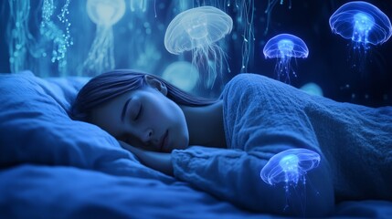 Wall Mural - Beauty sleeping, blue background, an artificial intelligence jellyfish ,jellyfish, blue, sea, water, fish, underwater, abstract, ocean, jelly, smoke, animal, black, aquarium, light, marine, medusa, da