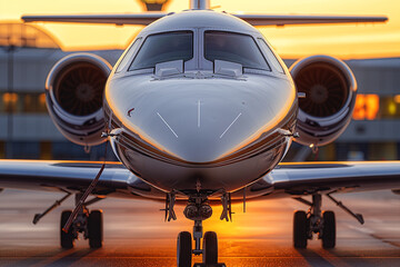 Wall Mural - A luxurious private jet airplane, gleaming in golden light of a summer sunset, is parked at terminal, symbolizing epitome of high-end travel and business sophistication, offering a close-up view of o