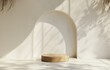 © digitalrtist - Wood podium in a minimalist white wall setting with an arch behind it. Sunlight streams through a window, casting shadows on the wall.