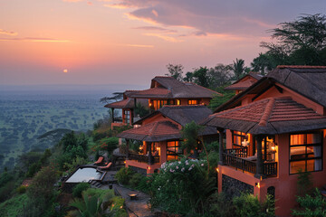 Perched on lush hills of Kenya, Grun Ubud resort exudes an enchanting charm with its traditional African architecture and vibrant, earthy color palette, offering a panoramic view of sprawling savanna