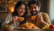 © Ali Hamza Tullah - Pakistani man and woman couple eating fried chicken happily inside their home celebrating the weekend. Pakistani family, Pakistani  cupels, Pakistani  happy family