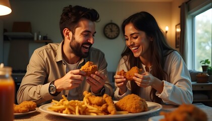 Pakistani man and woman couple eating fried chicken happily inside their home celebrating the weekend. Pakistani family, Pakistani  cupels, Pakistani  happy family  