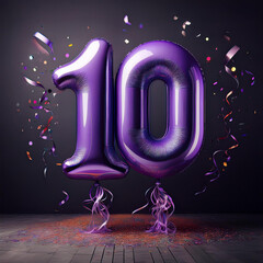 Purple birthday / anniversary balloon, number 10, black background with confetti