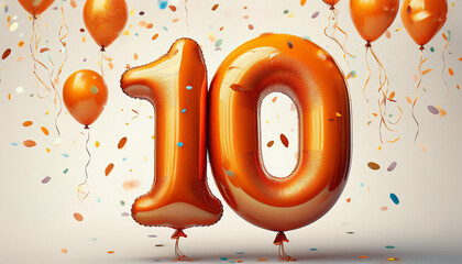 Wall Mural - Orange birthday / anniversary balloon, number 10, white background with confetti