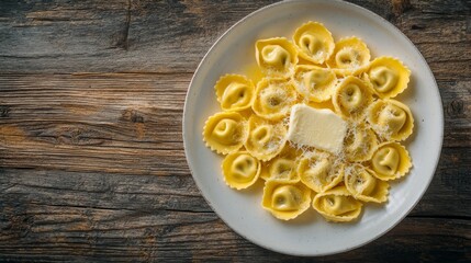 A closeup view of a plate filled with vibrant tortellini drizzled with melted butter and sprinkled with freshly grated parmesan, presented elegantly on a rustic wooden table