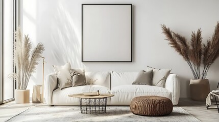 A modern living room with a white couch, a wooden coffee table, a brown ottoman, and two plants in pots.