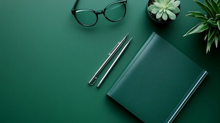 top-view desk setup, solid color deep green desk, closed leather-bound notebook with a silver pen, a small desktop plant, a pair of modern eyeglasses, neatly arranged sheets of paper, warm and