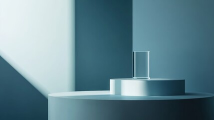 Wall Mural - a glass block rests on a circular pedestal in a minimalist studio setting, surrounded by a solid col