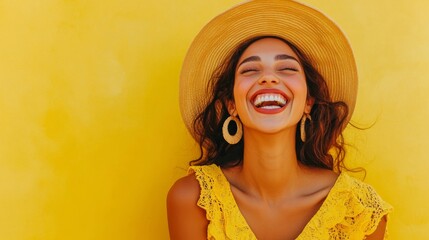 A joyful Middle Eastern woman dressed in a stylish summer outfit laughs heartily while standing against a vibrant yellow backdrop, exuding warmth and happiness