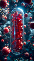 Wall Mural - A glass bottle filled with red pills is surrounded by a cloud of red particles