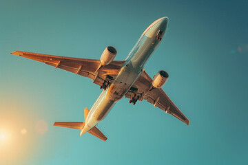 Wall Mural - From a wide-angle view on a sunny summer day, big passenger plane soared gracefully through clear blue sky, its metallic exterior gleaming in morning sunlight as it embarked on a journey to distant l