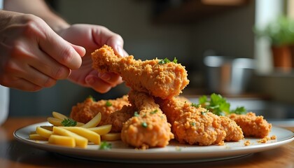 Holding and eating fried chicken in the kitchen at home, Attractive Asian women eating fried chicken, close up focus woman hand hold and showing fried chicken meal for eat at restaurant bar,fast food 