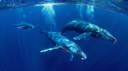 humpback whales glide through warm ocean waters, showcasing their majestic presence and playful beha