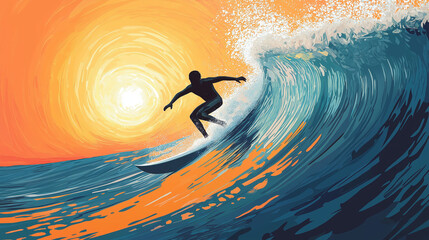 Illustration of a Surfer Riding a Wave at Sunset, Vibrant Colors