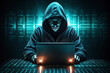© seanzheng - generated illustration of cyber crime hacker with laptop. Abstract binary code digital interface.