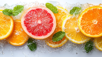 Canvas Print - A row of oranges and grapefruit with a splash of water