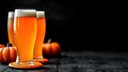 Three glasses of amber beer with frothy tops resting on a dark wooden table, accompanied by small pumpkins.