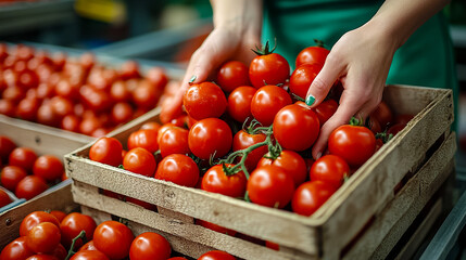 Wall Mural - A woman is holding a basket of tomatoes