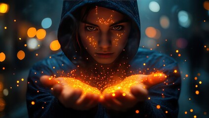 A mysterious man in a hooded jacket stands in the middle of a city at night.