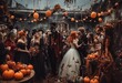 © Marc Kunze - Halloween party. Group of beautiful young people in costumes and makeup posing with pumpkins.