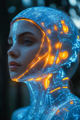 Wall Mural - A woman's face is covered in glowing blue and orange lights. The image is a futuristic, sci-fi style portrait of a woman. The bright colors and glowing lights give the impression of a futuristic