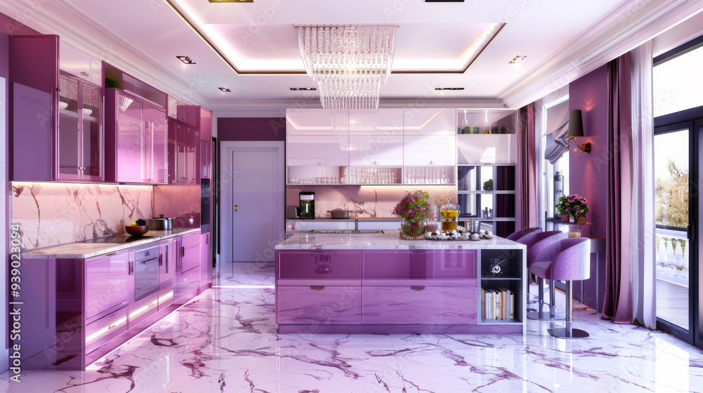 Luxurious kitchen interior in purple and pink color scheme with marble ...