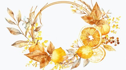 Aesthetic fall wreath with oranges, lemons, dried flowers, beige pastel colors, floral template. Generative AI