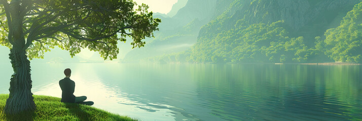 Breath of Calm: An individual pausing at the edge of a tranquil lake, breathing in the serenity of the natural surroundings.