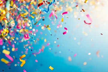 Colorful confetti falling against a blue sky background.