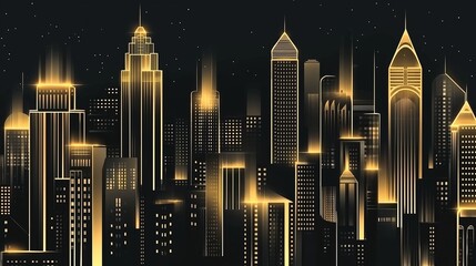 Poster - A nighttime cityscape featuring towering skyscrapers with illuminated Art Deco details