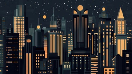Aufkleber - A nighttime cityscape featuring towering skyscrapers with illuminated Art Deco details