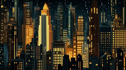 Poster - A nighttime cityscape featuring towering skyscrapers with illuminated Art Deco details