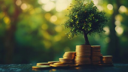 Wall Mural - step of golden coins stacks on table with tree growing on top, nature background, money, saving and investment concept