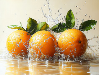 Wall Mural - Three oranges are splashing in water