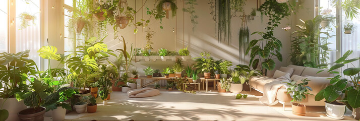 Wall Mural - Indoor Garden Oasis: A cozy living room transformed by an abundance of potted plants and hanging greenery, creating a lush, calming retreat within the home.