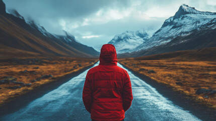 A man in a red jacket stands on a road in front of a mountain range