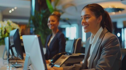 Happy receptionists cooperating while working on computer at hotel front desk., AI Generative