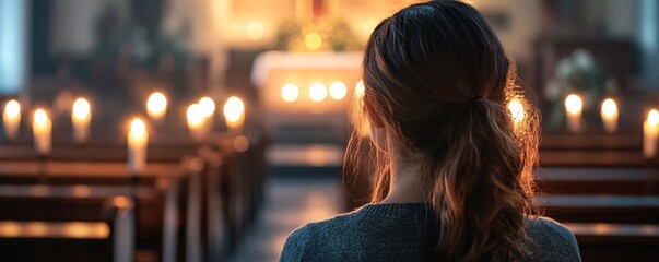 Woman praying in church with candles lit during mass