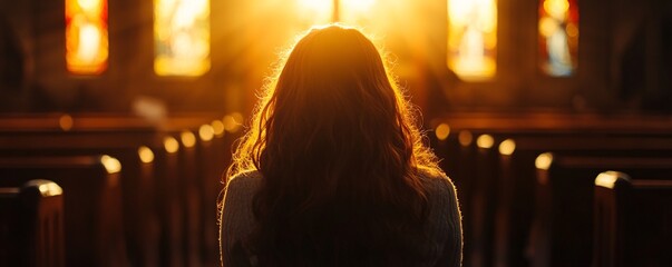 Wall Mural - Woman praying inside church with sunlight shining through stained glass windows