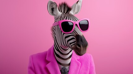 A zebra wearing sunglasses and a pink suit