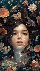 Canvas Print - Dreamy Underwater Portrait with Flowers and Fish