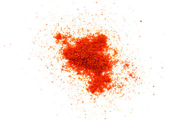 Red pepper powder isolated on white background, top view. Red paprika, powder on a white background. Heap of red pepper powder on a white background. Pile of red paprika isolated on white background.