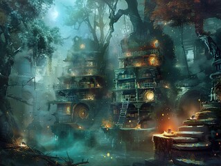 Wall Mural - Enchanted Forest Library: A Mystical Nighttime Scene