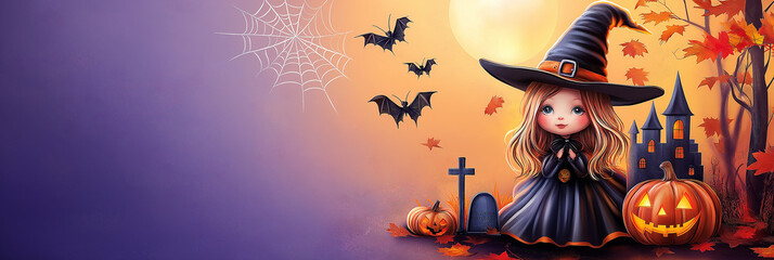 banner of halloween festival : cute witch ,witch hat,witch's wand,witch castle, orange moon ,maple l