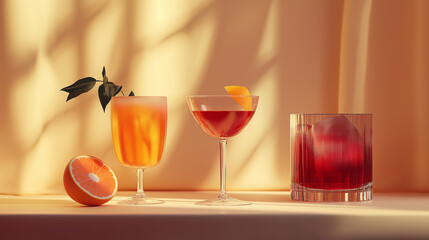 A glass of red drink with an orange slice on top sits on a table next to two other glasses