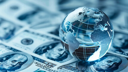 Wall Mural - Close-up of a glass globe standing on a pile of money. World finance, investments. Concept of business, growth.