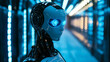 © BetterPhoto - High-tech robot with glowing blue eyes stands in a futuristic environment with neon lights. The image represents advanced technology, AI, and the concept of a futuristic world.